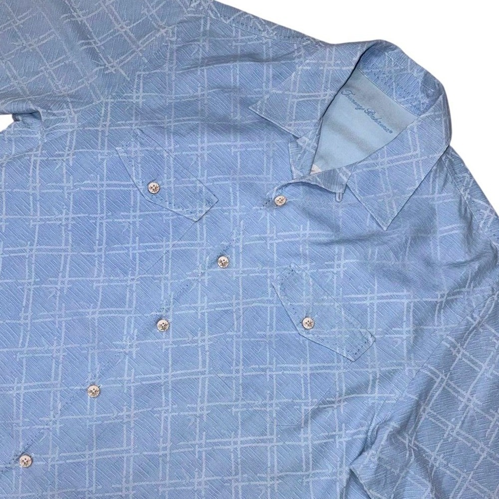 Tommy Bahama Shirt Mens Medium Blue 100% Silk Geometric Lattice Camp Button Up